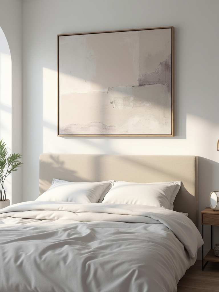 Balanced bedroom art placement above queen bed showcasing proportional artwork and furniture scale