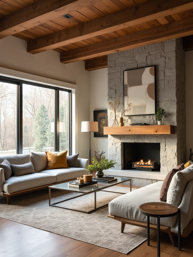 Portrait view of a modern rustic living room with a stone fireplace, sleek sofa, glass coffee table, and textured textiles.