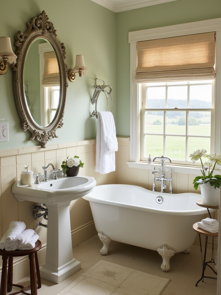 Close-up of original vintage wallpaper roll and modern vintage reproduction roll with budgeting tools on wooden table in bathroom setting