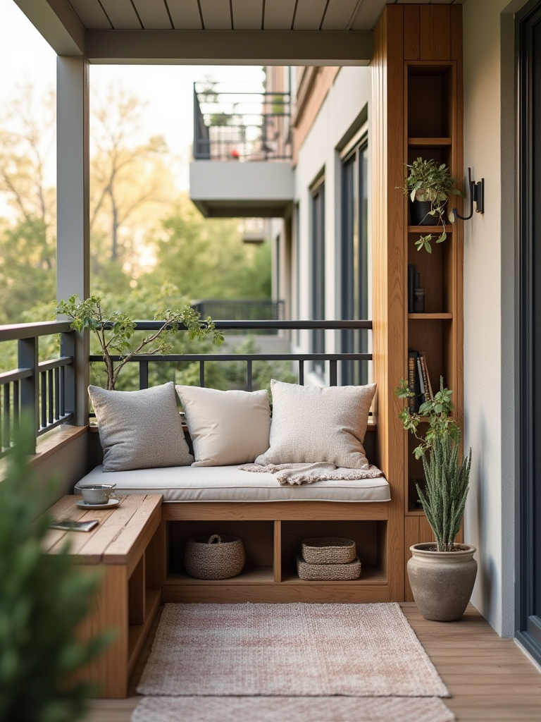 Portrait of a balcony compact reading nook with built-in seating and storage
