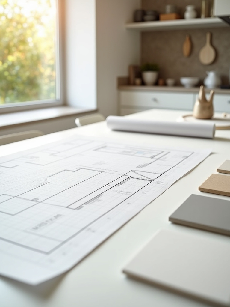Organized tile samples and kitchen floor plan for calculating tile quantities to minimize waste