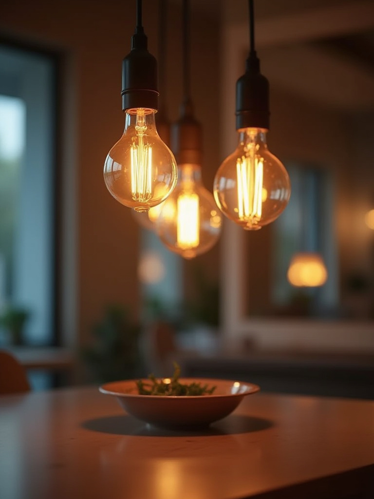 Close-up of modern dining room chandelier showing glowing LED and incandescent bulbs highlighting warm and vibrant light quality.