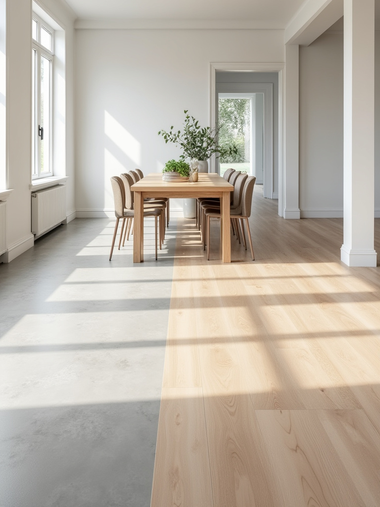 Empty modern dining room showcasing porcelain tile, luxury vinyl plank, and engineered hardwood floor options in a single space.