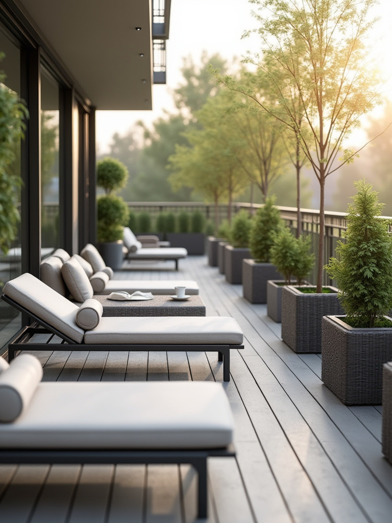 Portrait view of a balcony with lightweight, weather-resistant furniture and planters under soft daylight.
