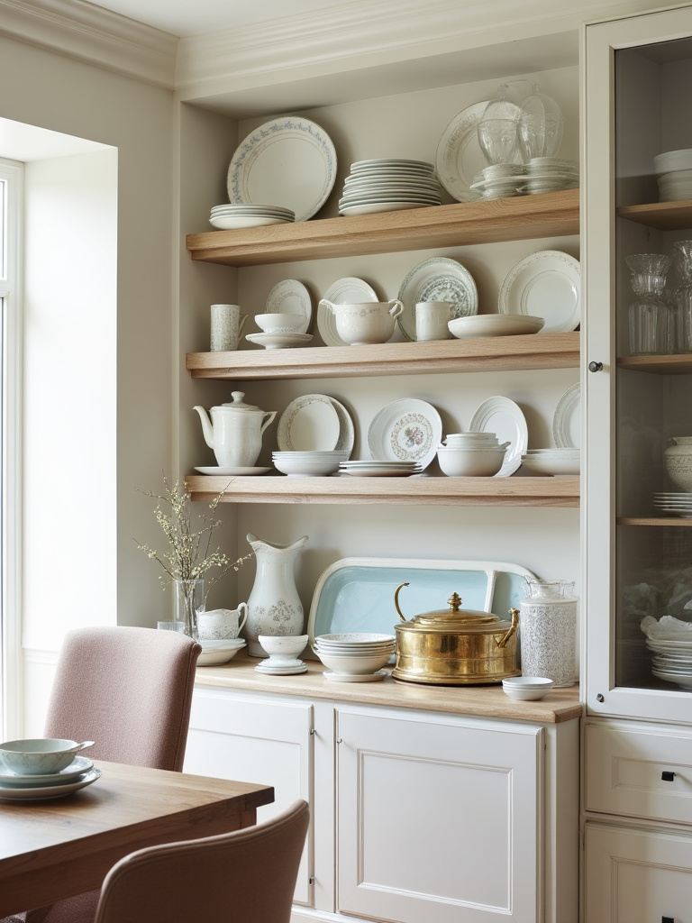 Vertical dining room display of serveware arranged as decor on shelves and a cabinet with warm lighting.