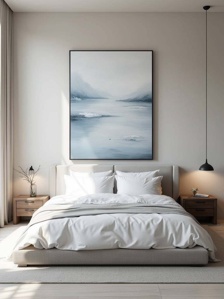 Large statement piece of art above a king-sized bed in a modern minimalist bedroom with natural lighting