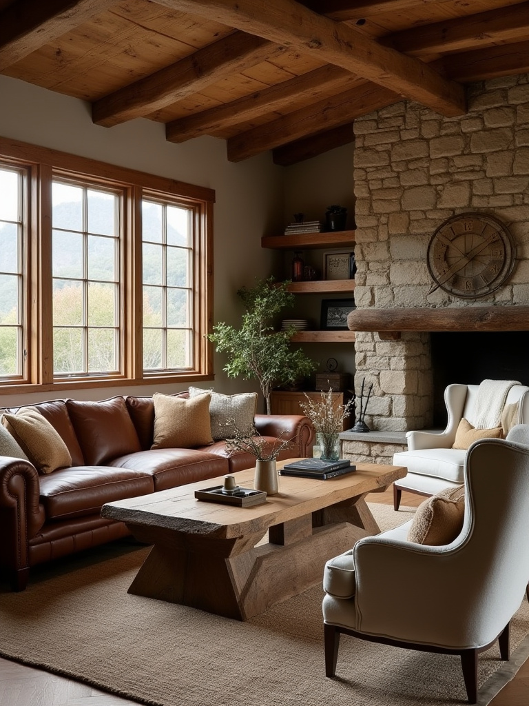 Rustic living room with a large leather sofa and oversized wingback chairs around a wooden coffee table.