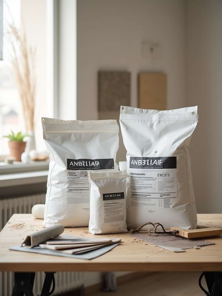 Portrait scene of a tile installation workspace with mortar bags and tile samples, no people