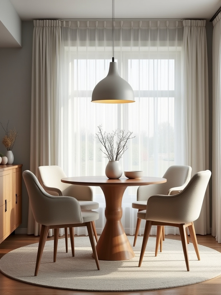Portrait of a modern dining room featuring a space-maximizing table shape and surrounding seating