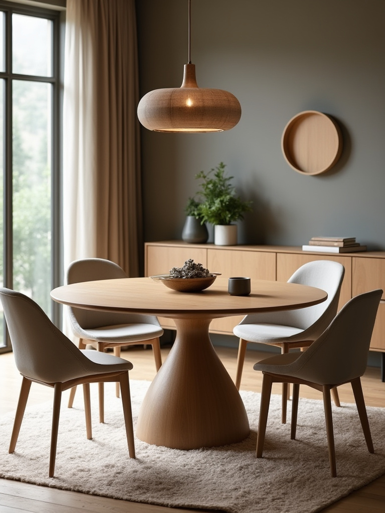 Vertical dining room scene featuring a round table with ample space around for easy movement
