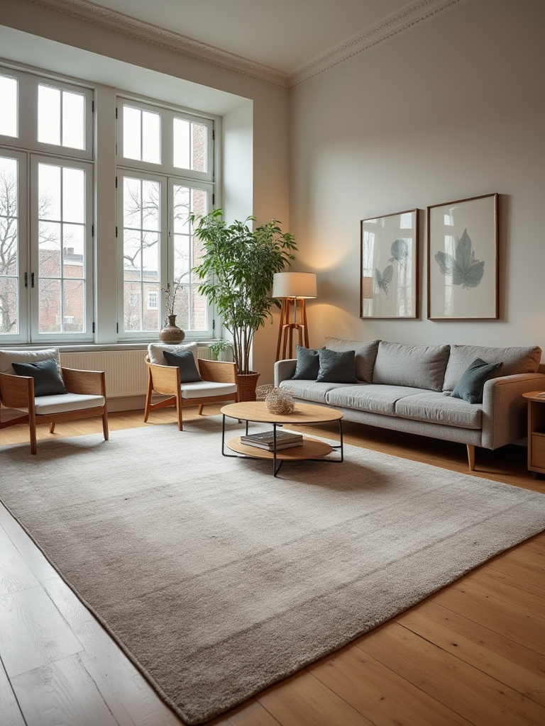 Living room interior with optimally sized rug defining furniture grouping and distinct areas