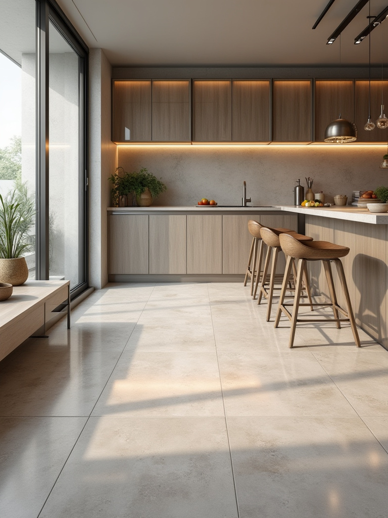 Portrait shot of a modern kitchen floor with glazed porcelain tiles showing high PEI durability.