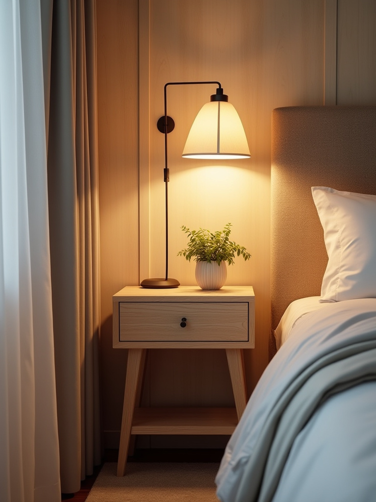 Cozy bedroom bedside with neatly concealed cables using cable sleeves and raceways for visual calm