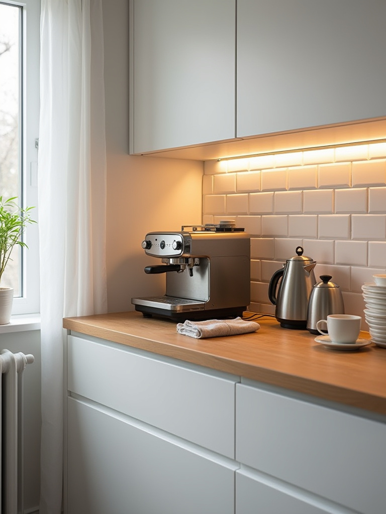 Apartment kitchen countertop with appliances and hidden cords routed into a cable management box and adhesive clips