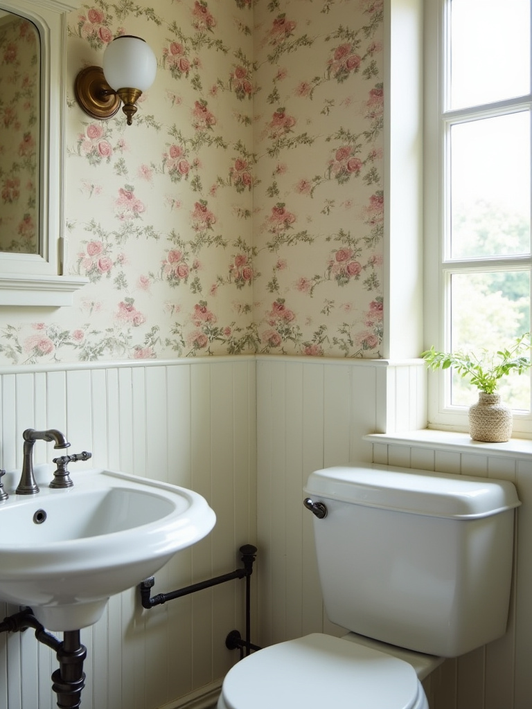 Seamless vintage wallpaper application on tricky corners in a small bathroom with vintage fixtures