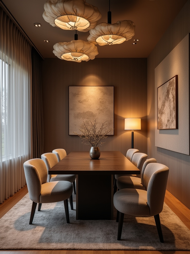 Portrait of a dining room with acoustic panels, rugs, and heavy curtains to improve sound quality and conversation comfort.