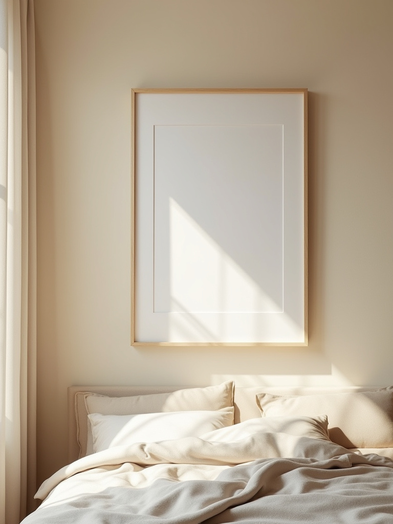 Framed bedroom artwork with wide white matting creating visual space above a bed in a softly lit room