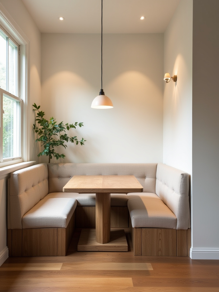 Dining room with built-in upholstered banquette, storage under seat, and a pedestal-based table