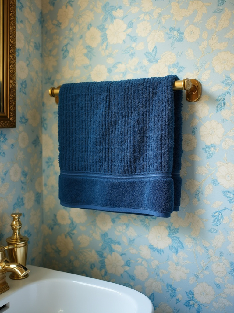 Vintage bathroom corner with floral wallpaper, indigo towels on brass towel bar, and matching brass hardware, showcasing coordinated accessories