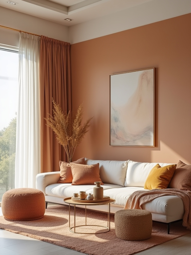 Modern living room interior showcasing a cohesive color palette with harmonious neutral, secondary, and accent colors, styled with varied textures and soft lighting, no people