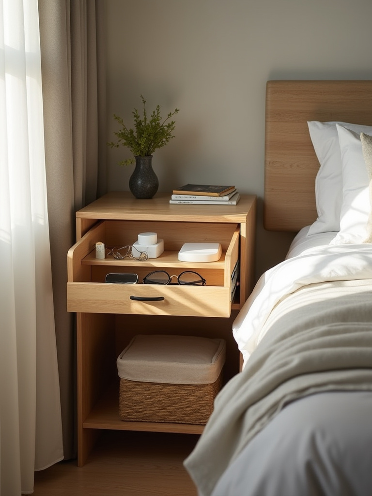Cozy bedroom bedside table with neatly organized dedicated storage for everyday items, including drawer dividers and decorative baskets