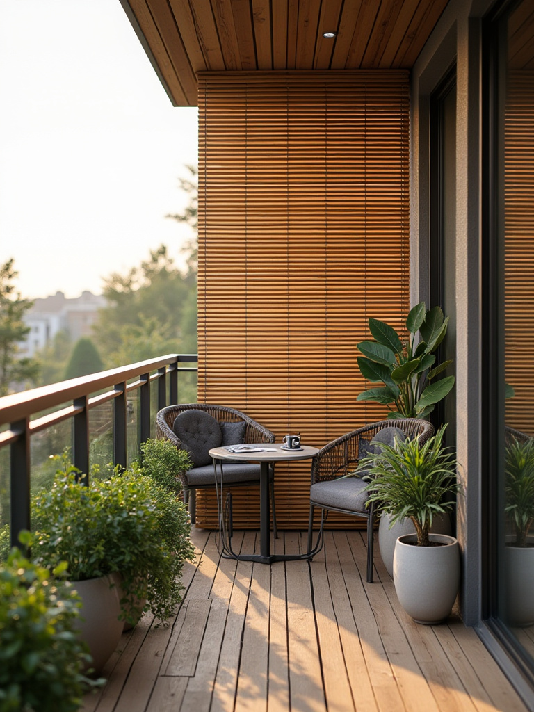 Vertical balcony scene with bamboo privacy panels along the railing, potted plants, and a small seating area creating a secluded outdoor retreat.