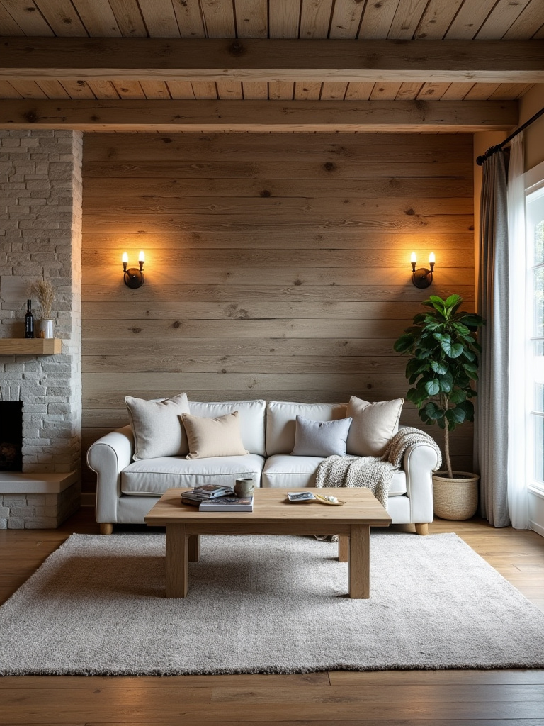 Rustic living room with weathered barnwood paneling accent wall behind a neutral sofa and warm lighting.