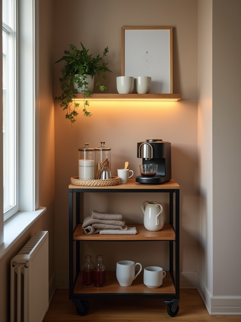 Portrait photo of a cozy apartment coffee bar on a rolling cart with espresso machine, mugs, canisters and a floating shelf, styled in warm natural light