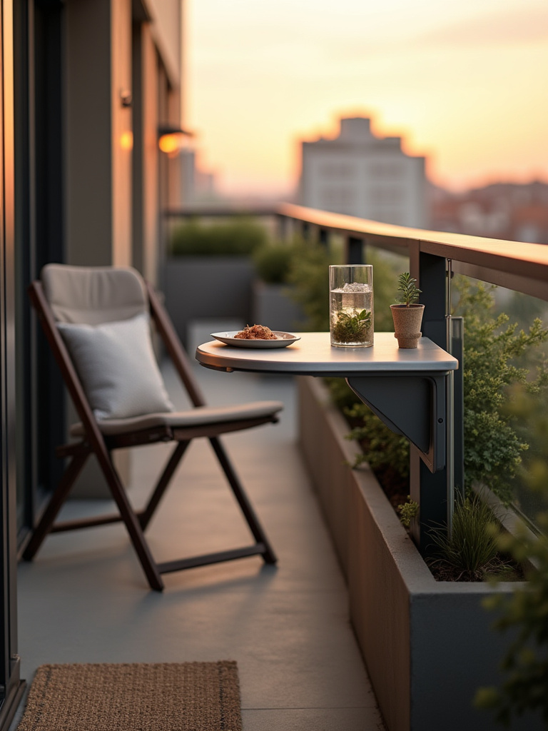 Portrait of a compact apartment balcony featuring a small portable railing table with drinks and snacks, greenery, and a rug