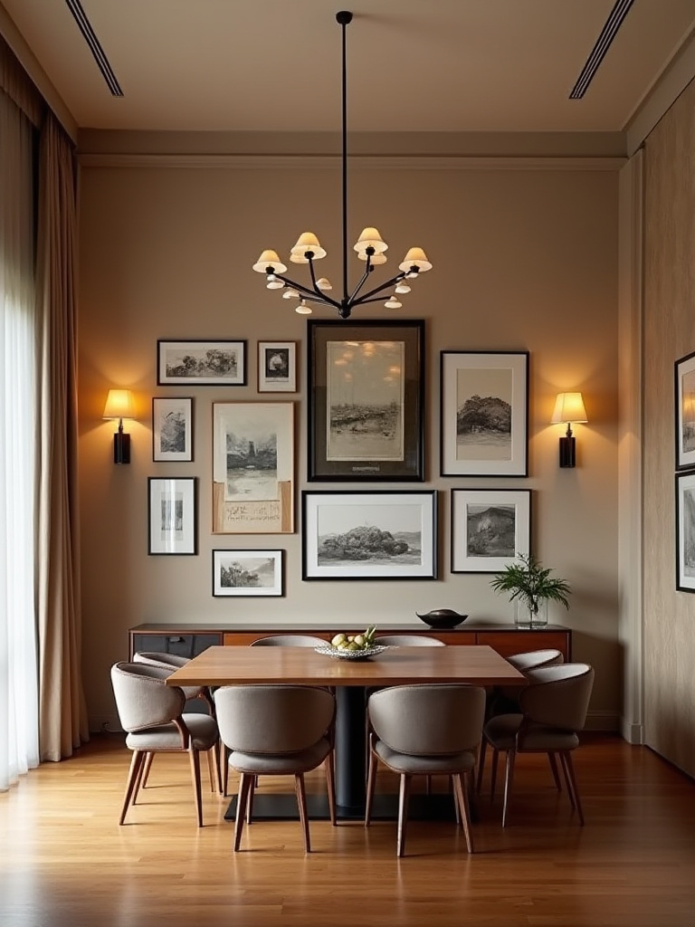 Dining room with a dramatic gallery wall above a console table
