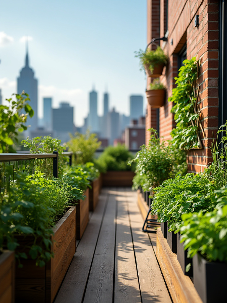 Vertical balcony garden with herb wall, rows of planters, and sunlit city skyline