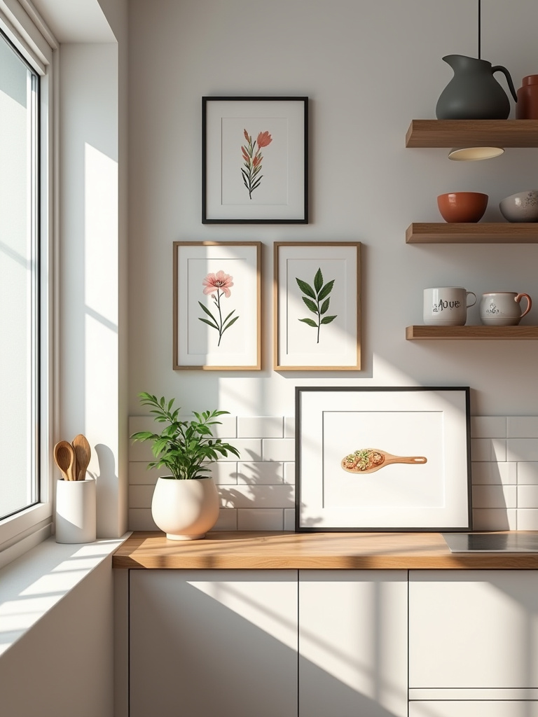 Vertical photo of a rental kitchen with a curated gallery wall of framed botanical and abstract prints above a wooden counter, potted herb, and warm natural light.