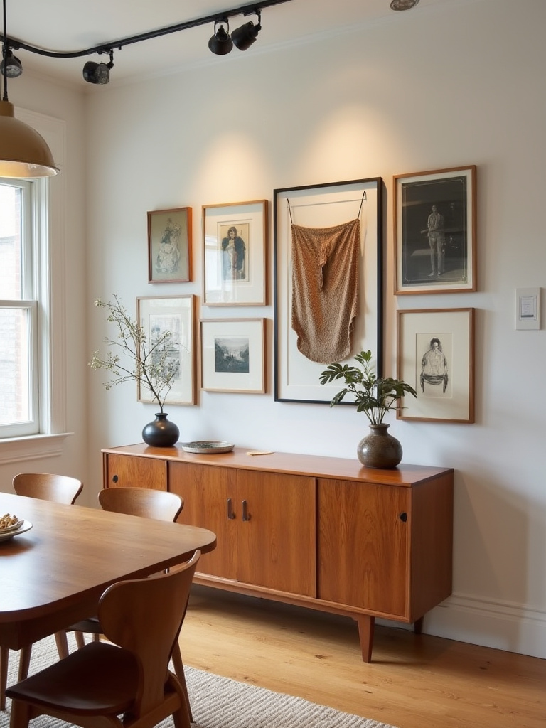 Vertical dining room with a curated wall art gallery above a credenza, no people