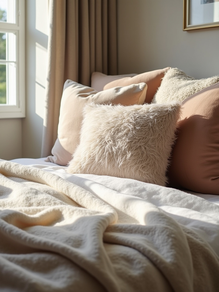 Cozy bedroom corner with soft accent pillows and luxurious throws arranged to enhance relaxation