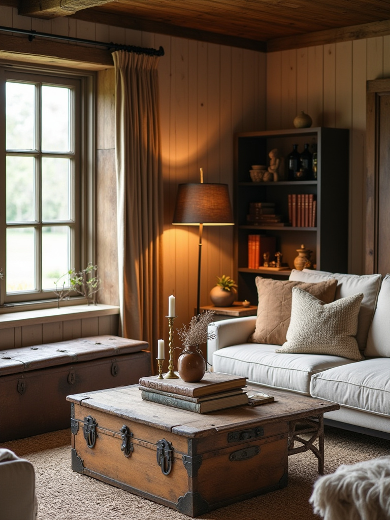 Vertical rustic living room corner with vintage finds and heirloom antiques arranged in warm, layered vignettes.