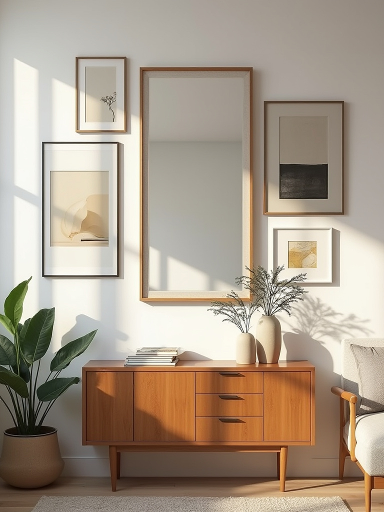 Curated living room wall featuring framed art and a decorative mirror reflecting personal style