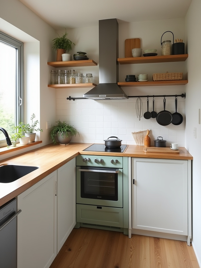 Vertical photo of a compact apartment kitchen showing clearly separated prep, cooking, and storage zones with a rolling prep cart and over-sink cutting board