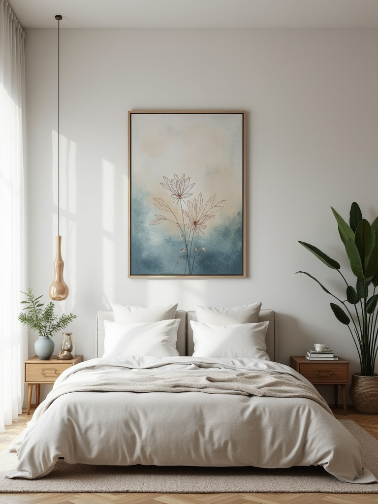 Serene modern bedroom with large calming abstract art above bed in soft blue and cream tones, natural light, minimalist decor