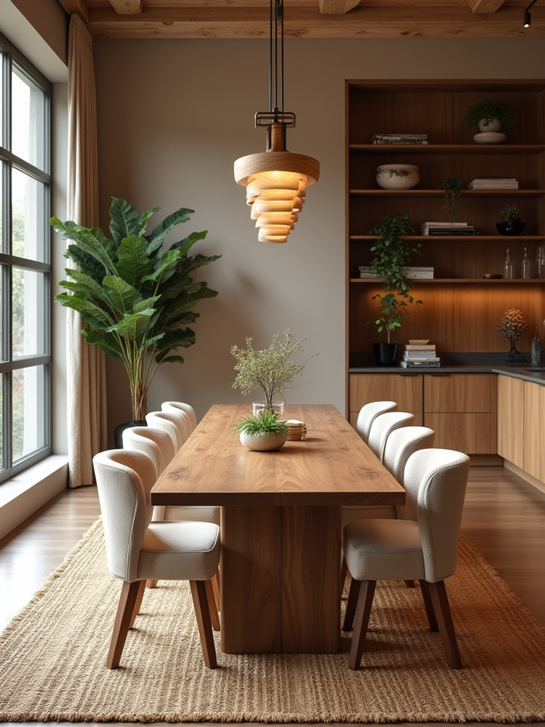 Vertical interior photo of a cohesive dining room vibe with warm textures and layered lighting
