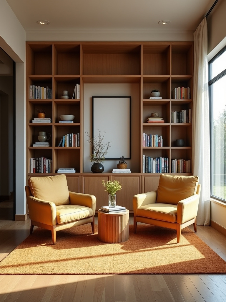 Cozy modern living room with a clear primary function as a reading and conversation lounge, featuring armchairs, bookshelves, and warm natural lighting
