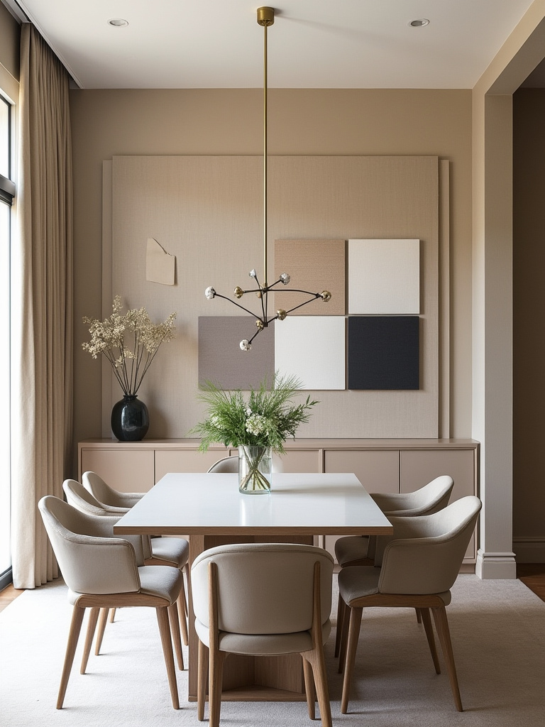 Dining room with a modern table, upholstered chairs, brass chandelier, and a mood board wall illustrating Modern, Classic, and Eclectic influences.