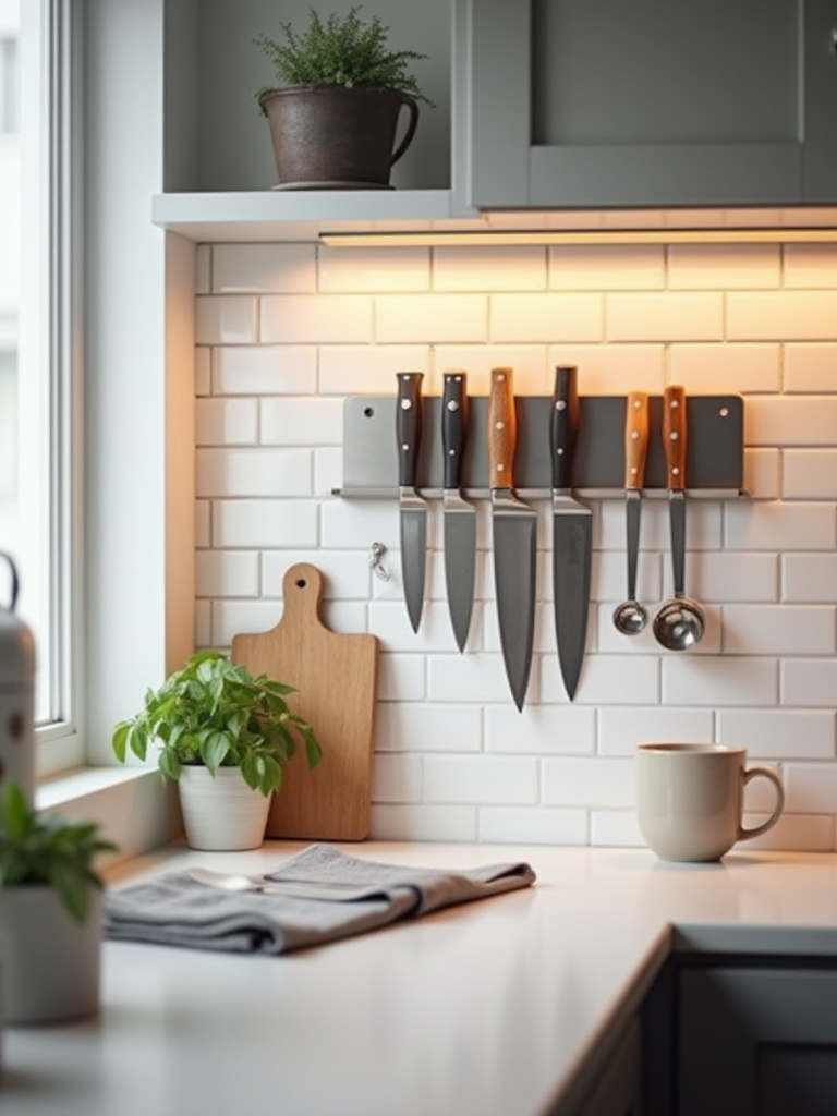Portrait photo of a rental kitchen countertop with a stainless magnetic knife strip holding organized knives above a wooden cutting board and potted herb.