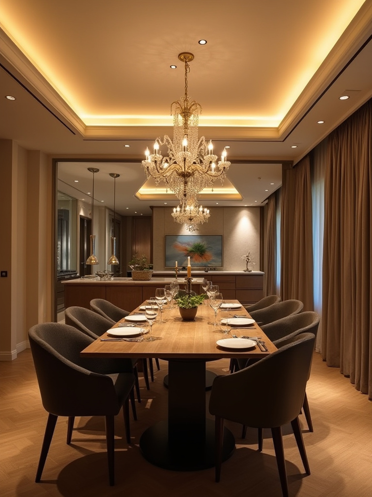 Portrait of a dining room with layered lighting: chandelier (ambient), recessed lights (ambient), pendant task lights, and wall sconces as accents; no people.