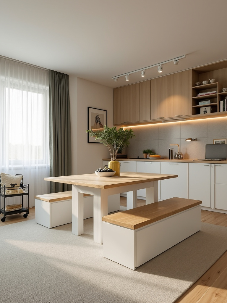 Vertical interior of a flexible dining zone with modular furniture and defined sub-zones in warm lighting