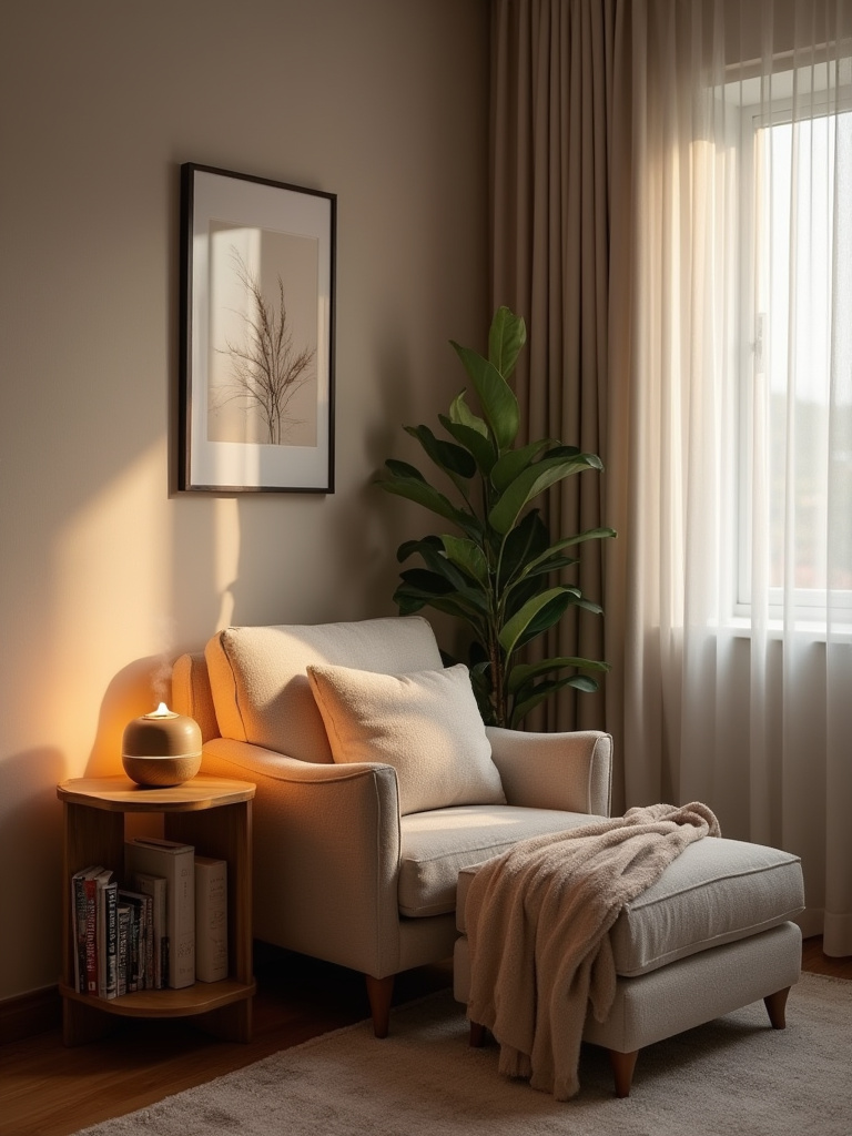 Cozy tranquil reading nook in bedroom corner with armchair, soft lighting, and plants