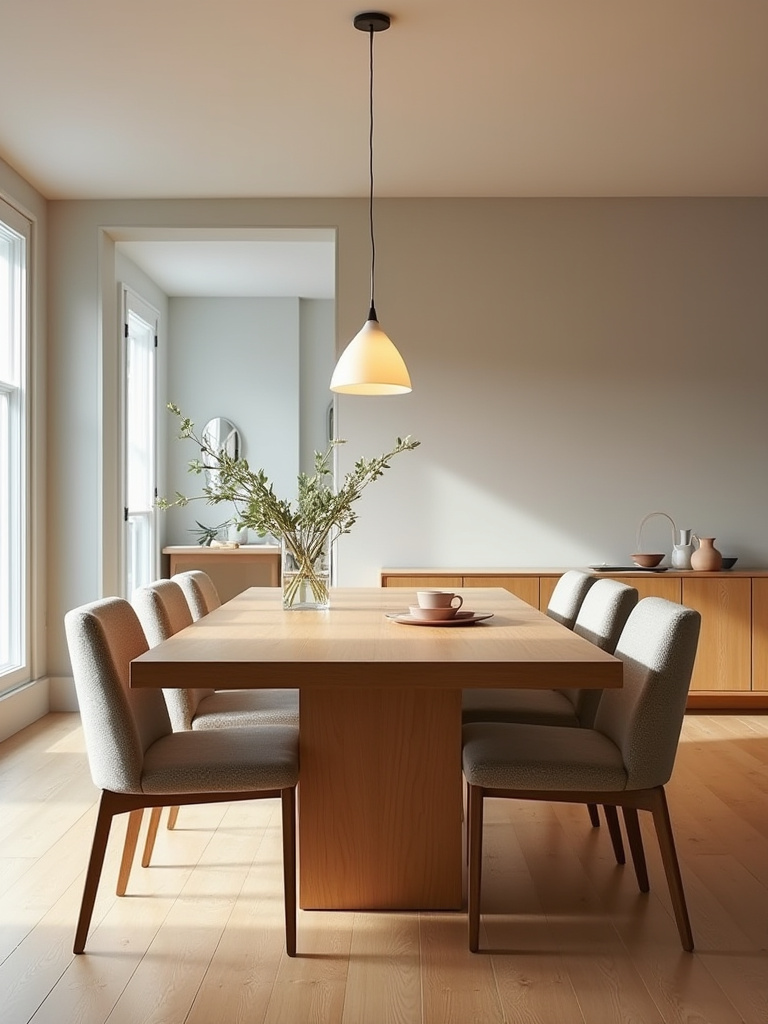 Portrait interior photo of a dining room showing a proportionate dining set with ample space around it.