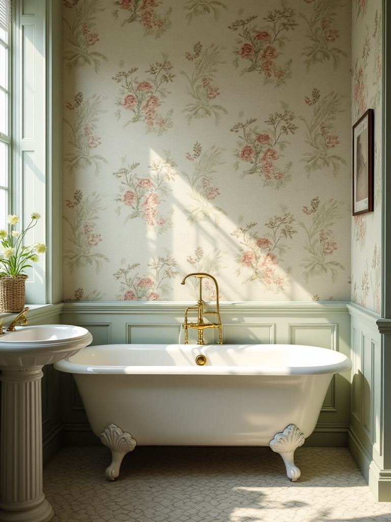 Vintage style bathroom interior with botanical patterned wallpaper and classic clawfoot tub under natural light