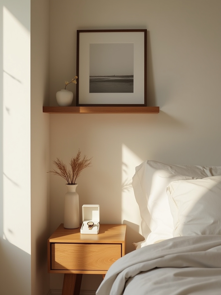 Minimalist bedroom corner with meaningful personal decor displayed on nightstand and floating shelf, soft natural lighting