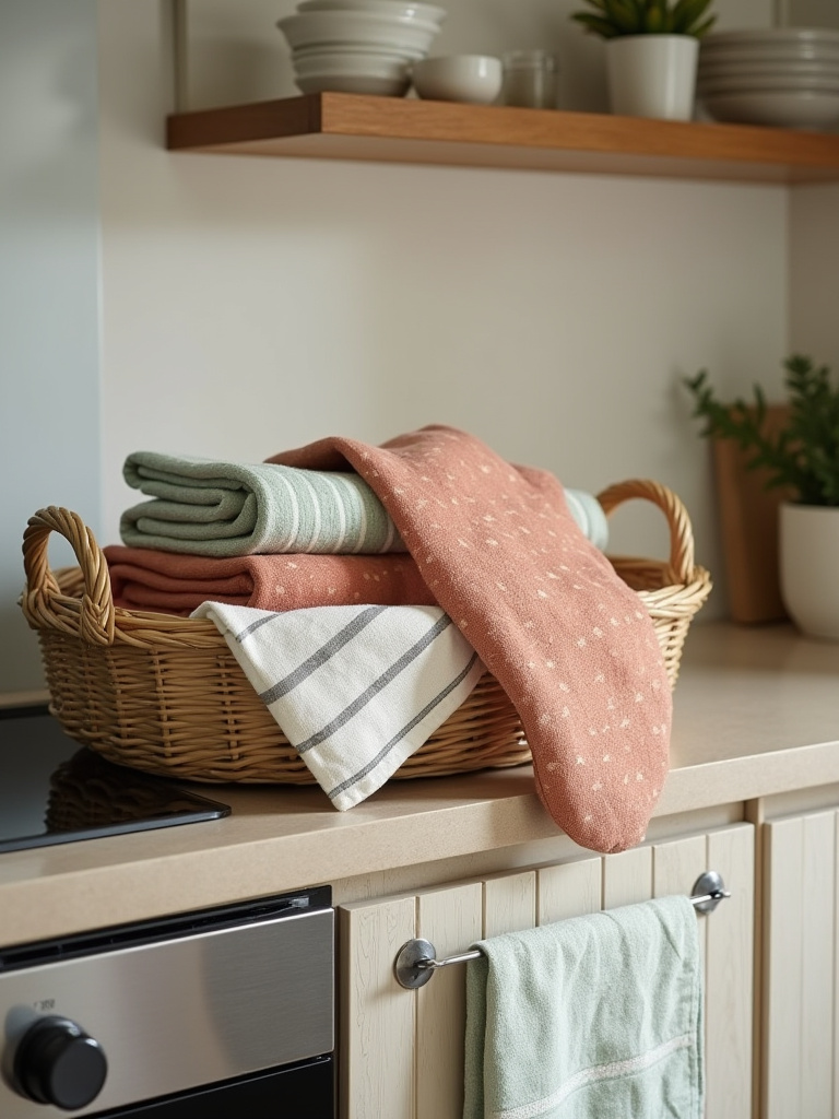 Styled kitchen linens: folded towels in a wicker basket, oven mitt draped on oven handle, towel on adhesive hook