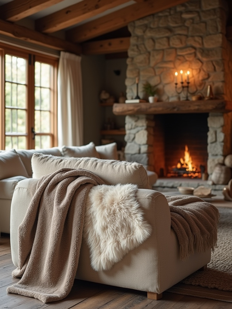 Rustic living room with cream faux fur and taupe wool throws draped over a sofa